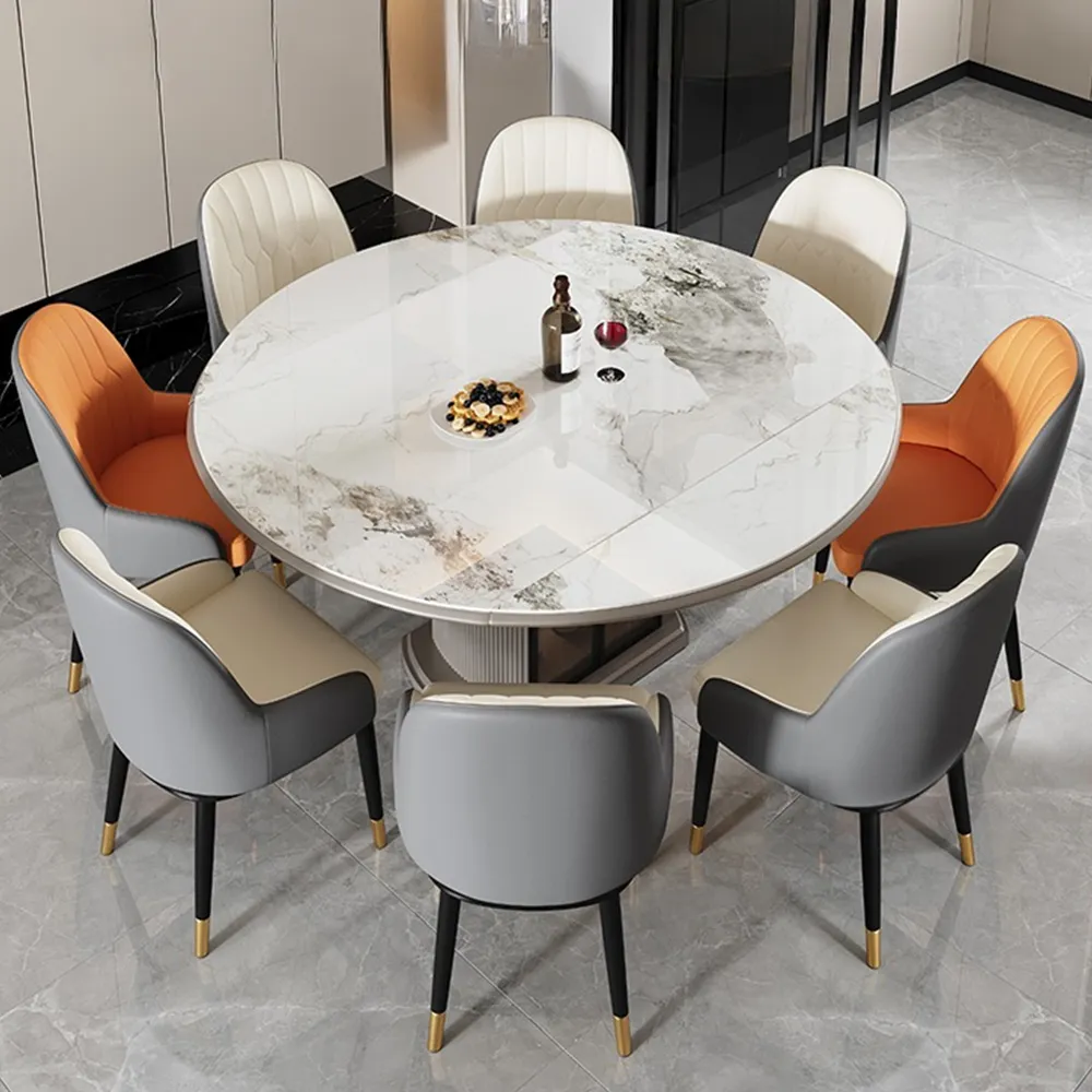 POVISON Modern Extendable Round Dining Table with Storage-2