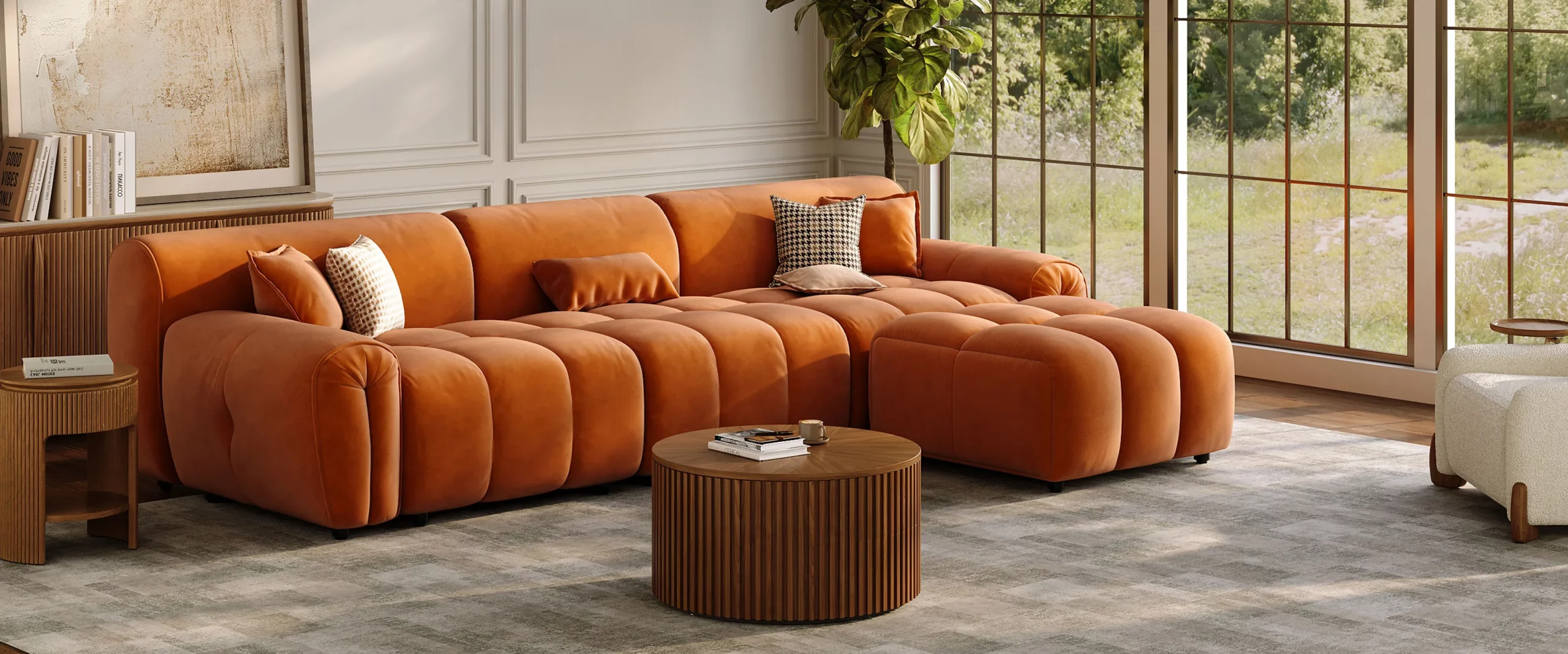 Silva-Orange Velvet Tufted Sofa Mid Century with Deep Seat and Pet Friendly Fabric
