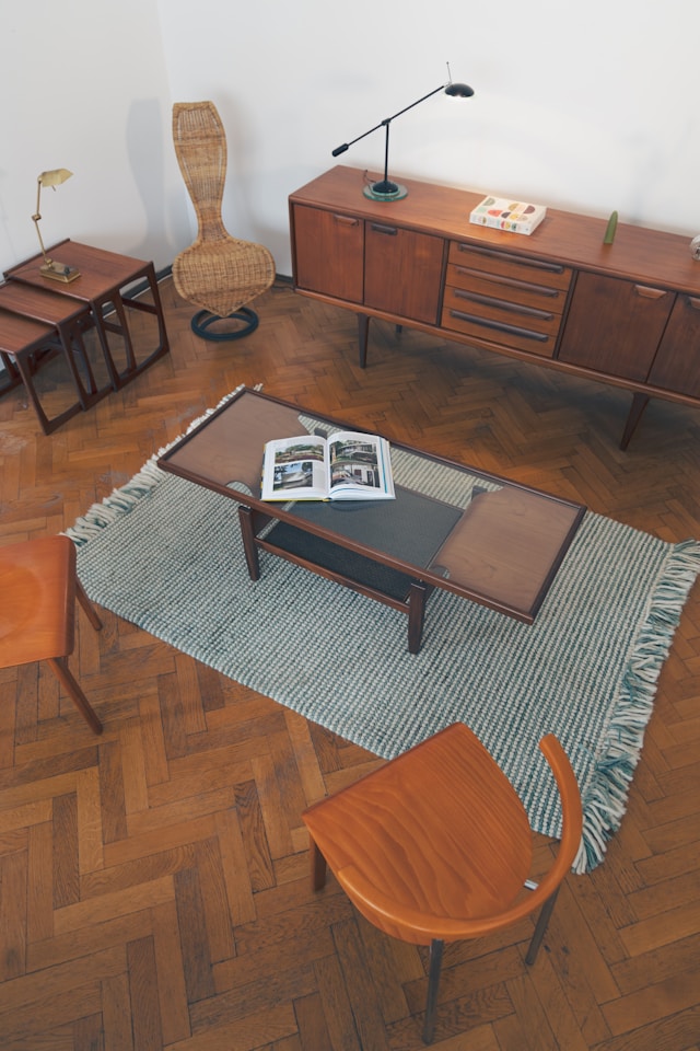 a living room with a modern coffee table