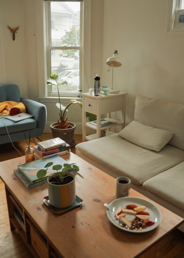 Cozy Living Room with reclining sofa decorated with Plants and Natural Light