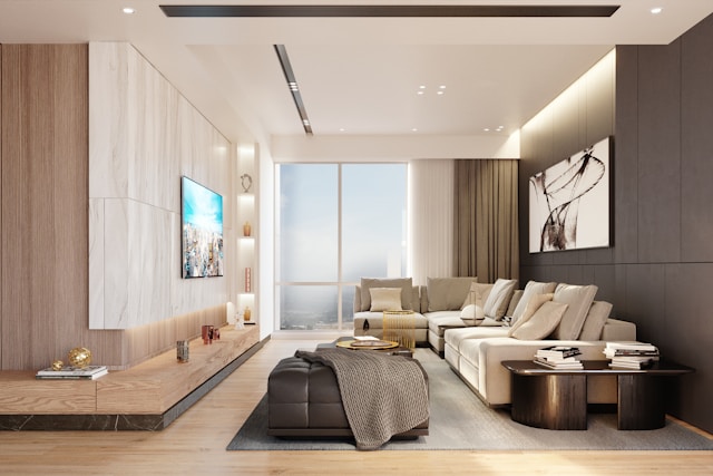 Modern living room with sectional sofa and large window (2)