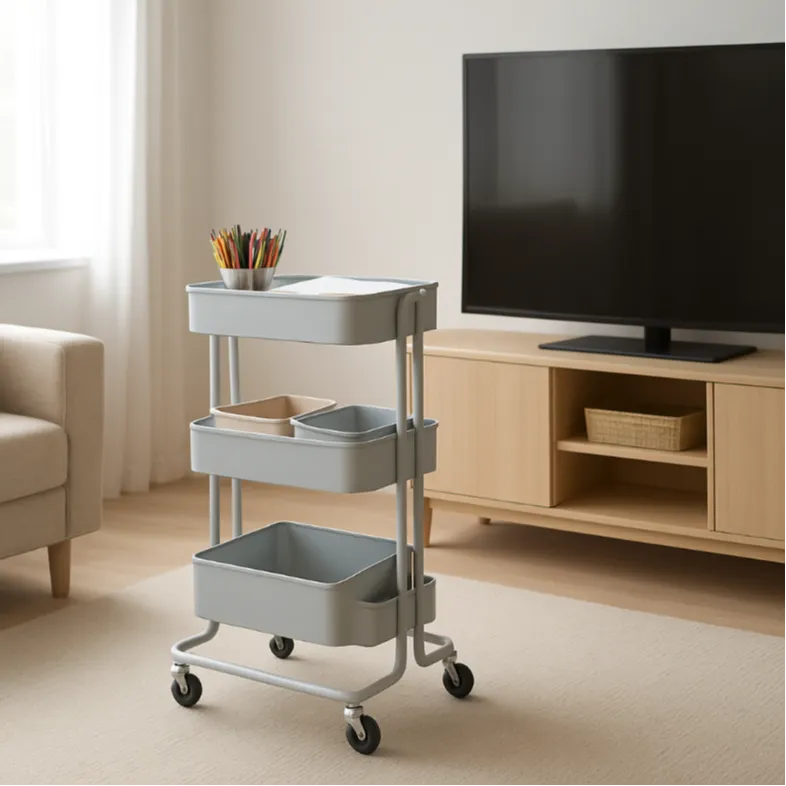 Rolling craft cart that parks near a console