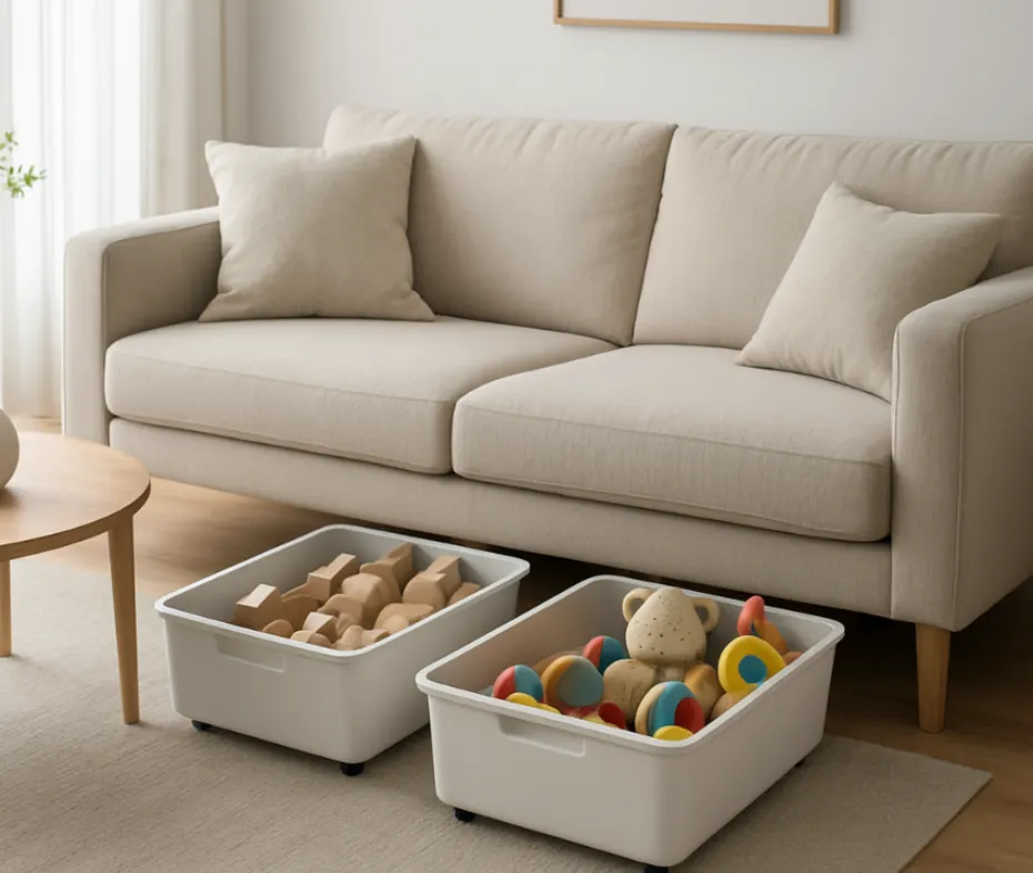 Under‑sofa rolling bins for toy rotation