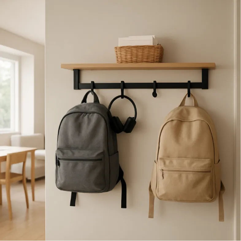 Wall rail with hooks for backpacks