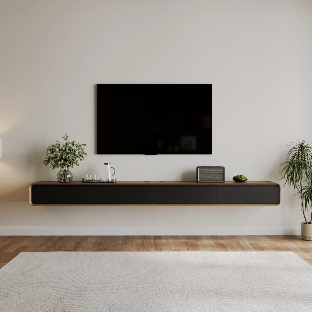 a floating tv stand for 100-inch tv with decorations