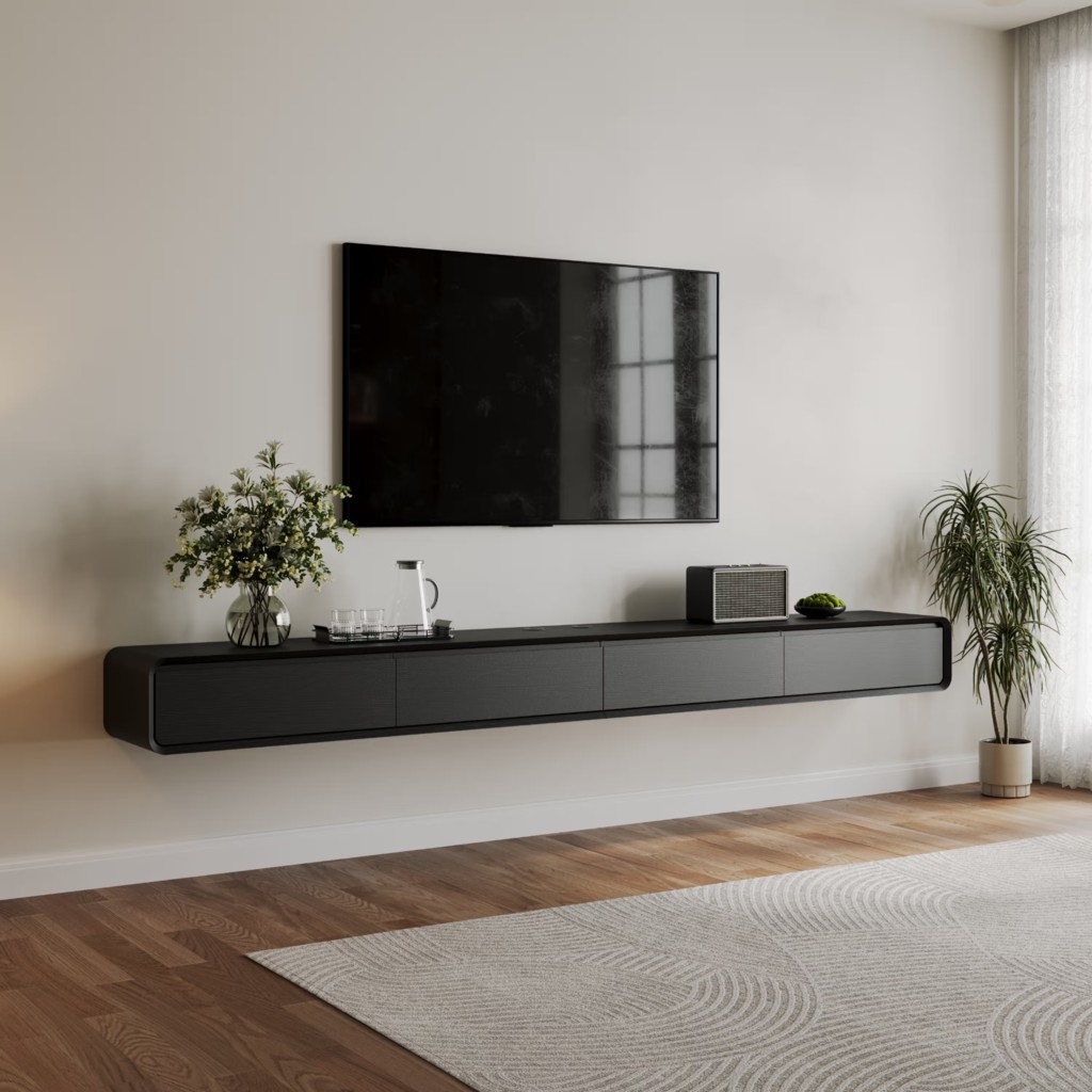 Wall-mounted black media console with multiple storage compartments beneath a flat-screen TV in a minimalist modern living room.