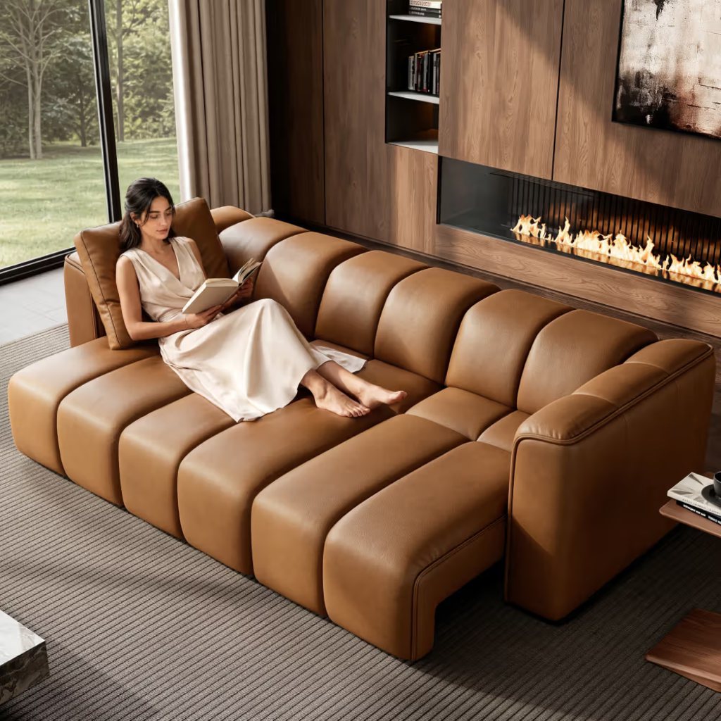 Caramel leather power sofa bed in a modern living room with wood-paneled walls and a fireplace