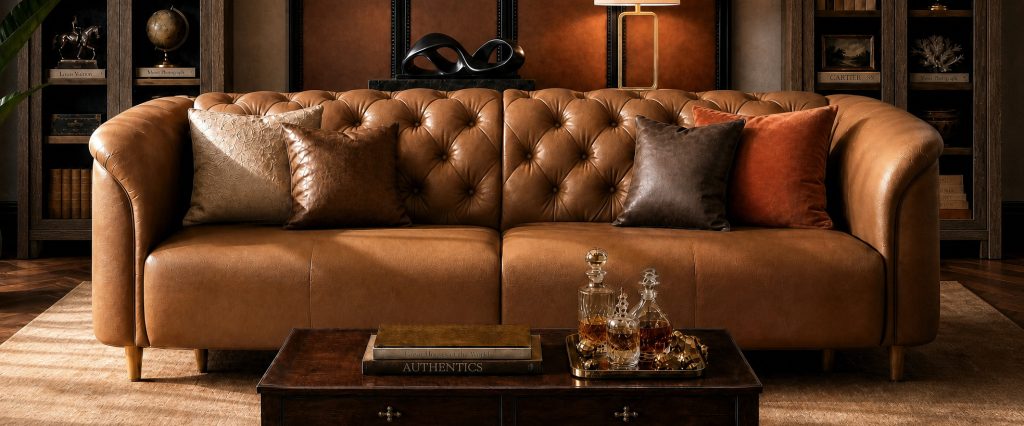 Tan tufted leather sofa with throw pillows in a warm, dark-toned living room with built-in shelving and a wood coffee table.