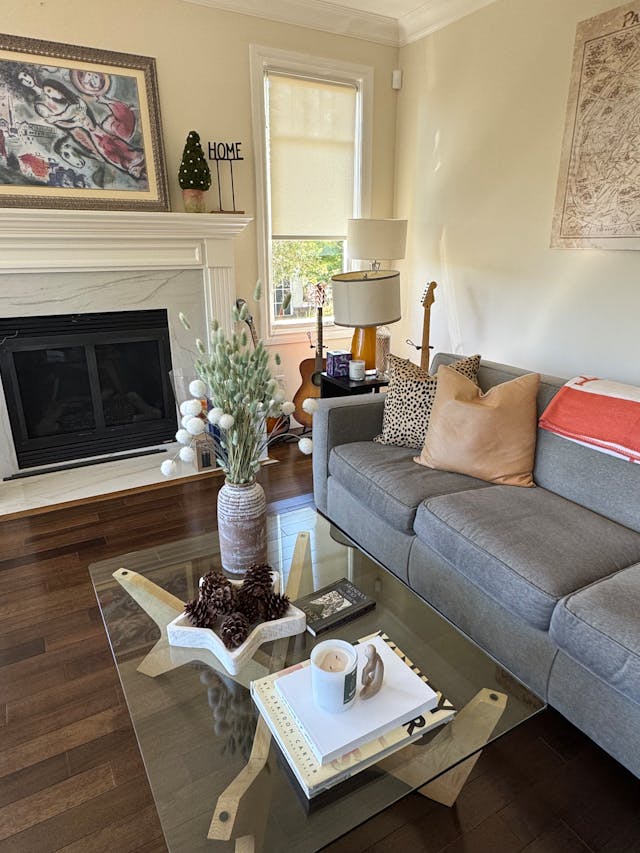 Cozy Living Room with rectangular glass coffee table