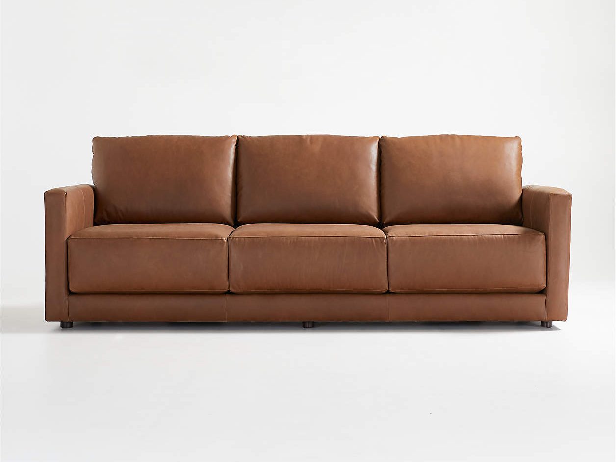 a brown 3-seater leather sofa with square arm capable for a compact and modern living room