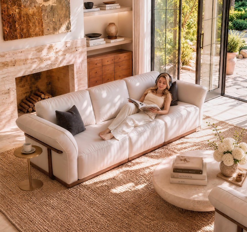 Woman relaxing and reading a magazine on a white leather sofa in a sunlit living room with a fireplace, glass doors, and a round coffee table.