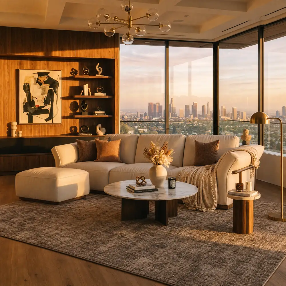 Cream sectional sofa with matching ottoman, brown accent pillows, and a round marble coffee table in a modern living room with floor-to-ceiling windows.