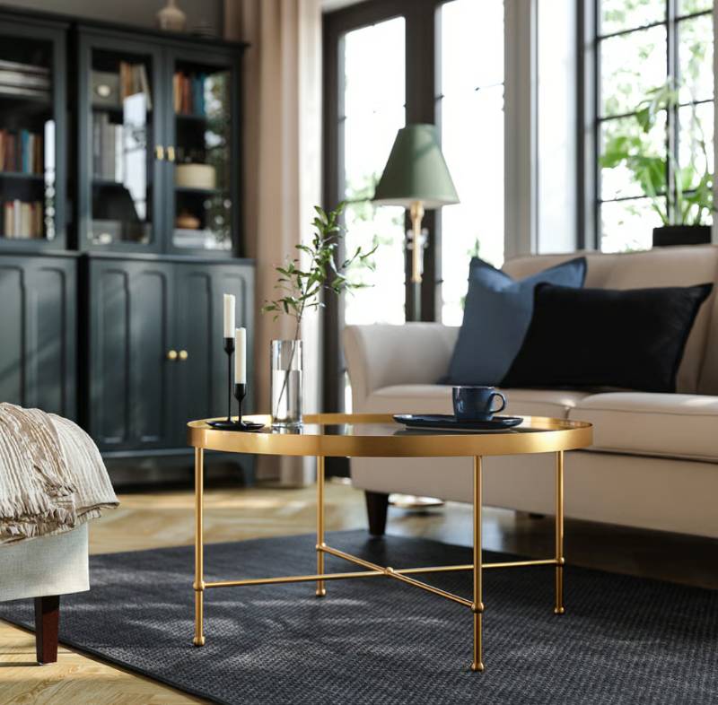 a round and gold glass coffee table with a cup and some decorations on top