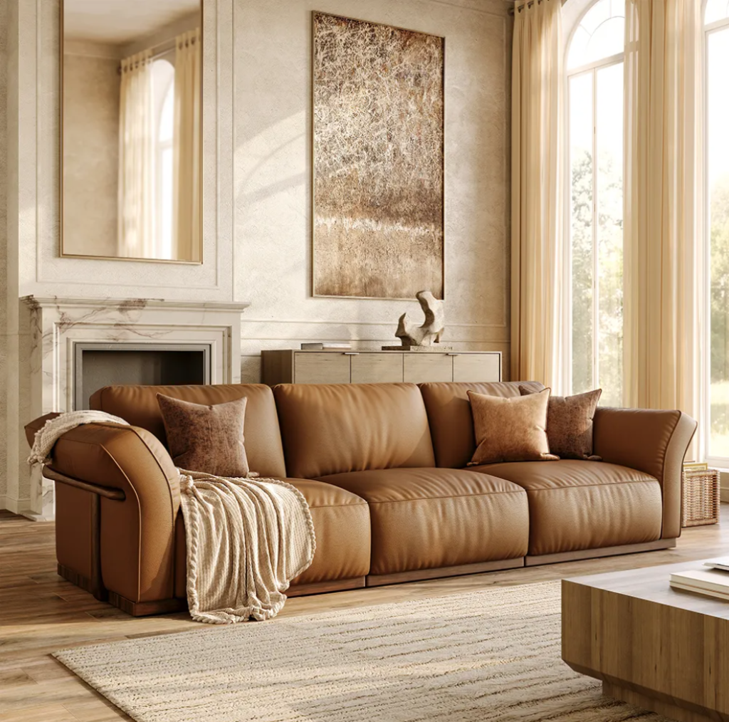 Cronus-Brown Leather Reclining Cushion Modular Sofa with Solid Wood Frame