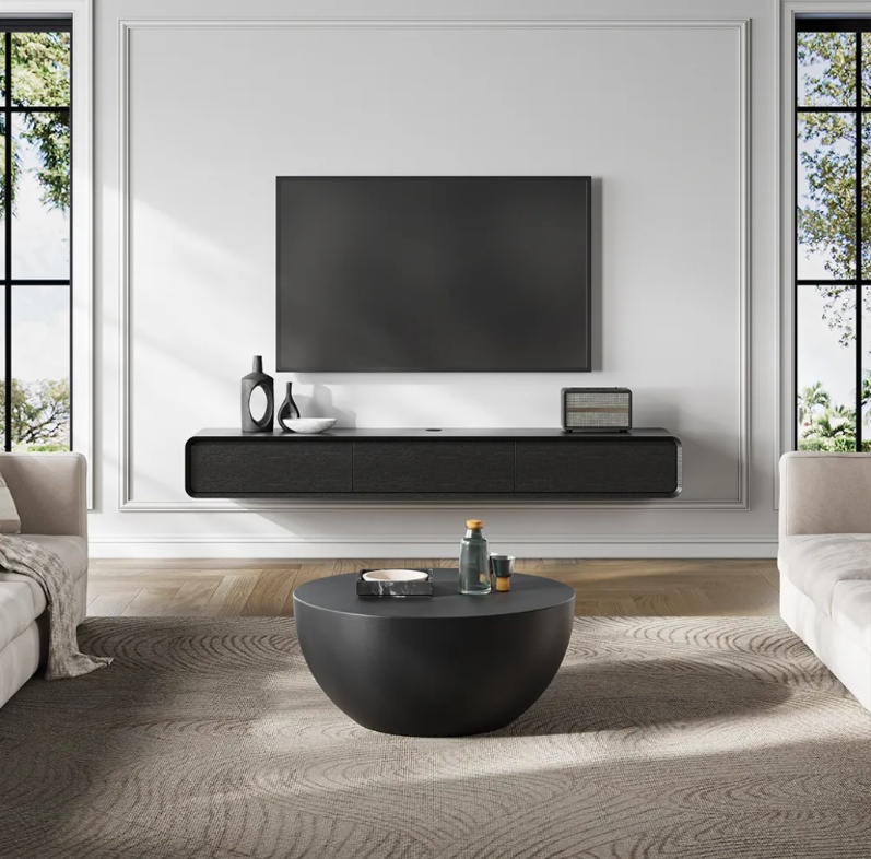 a black floating tv stand for small bedrooms, living rooms or apartments