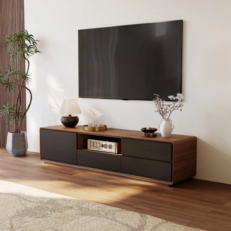 a modern wood black tv stand with storage and LED in small bedrooms, living rooms and apartments