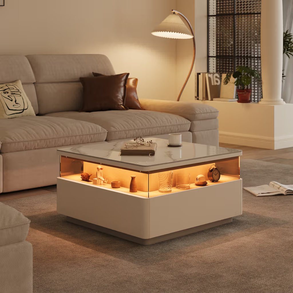 Square LED coffee table with a white top, illuminated display shelf, and hidden storage in a warm modern living room.