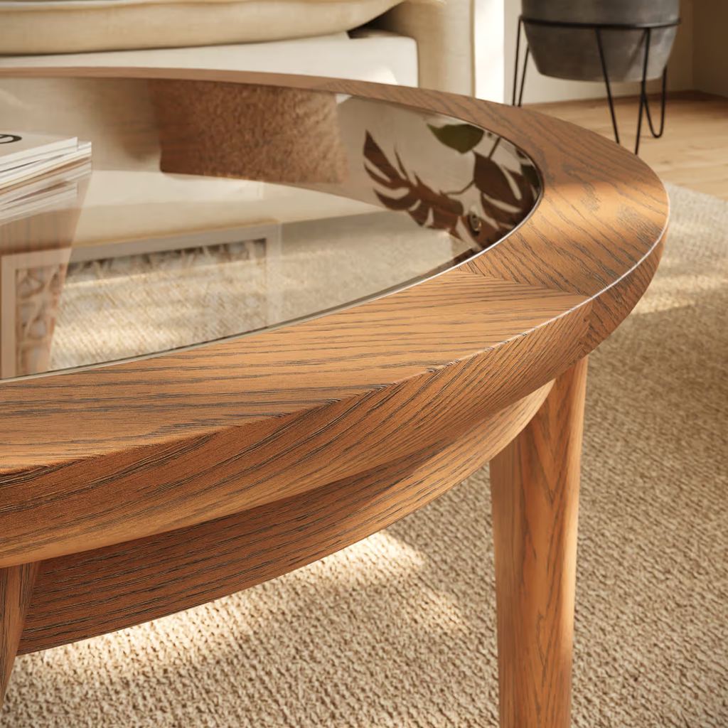 Close-up of a round glass coffee table with a warm wood frame and legs in a sunlit living room.