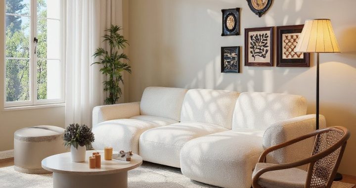 White modular sofa in a bright living room with natural light, round coffee table, rug, and modern home decor