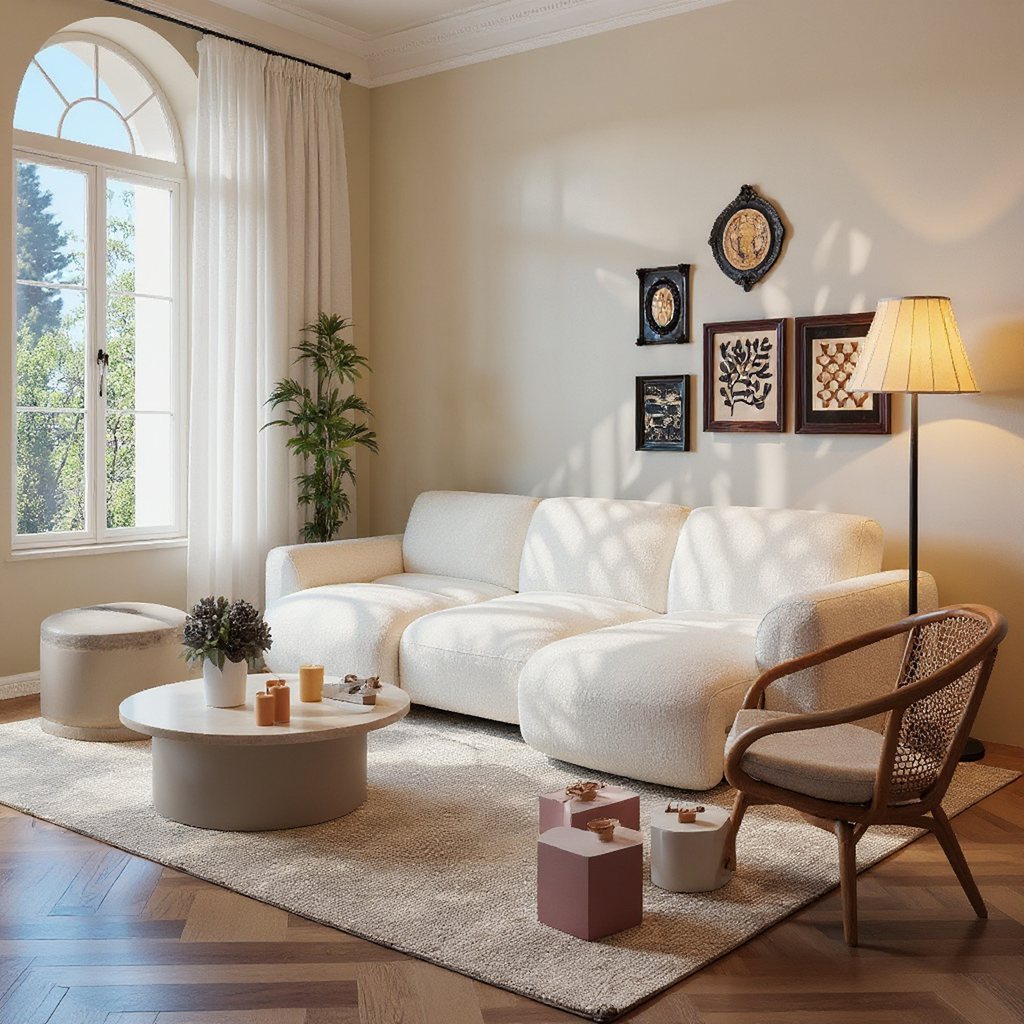 White modular sofa in a bright living room with natural light, round coffee table, rug, and modern home decor
