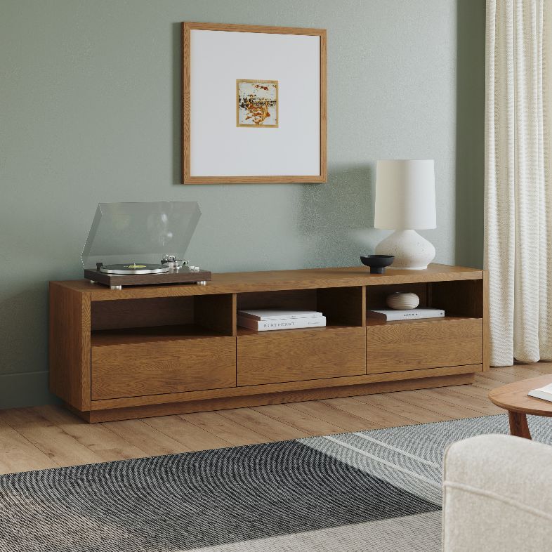 a walnut tv stand for large tv or media console with storage and drawers
