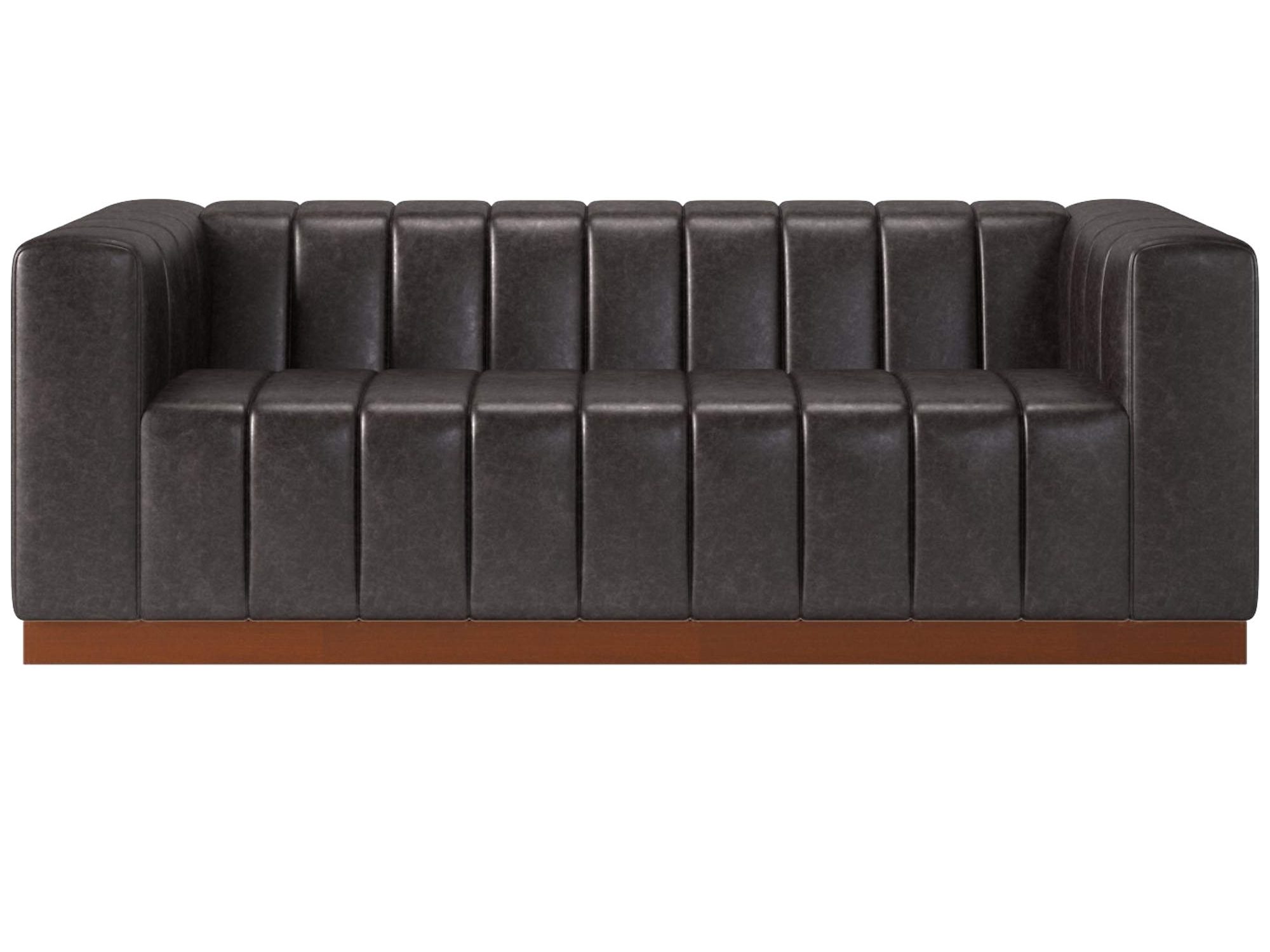 CB2 Forte 81" Channeled Black Saddle Leather Sofa in mid-century style for modern living rooms