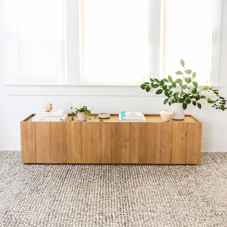 a Wood Media Console with books and plants on top in a modern style decoration