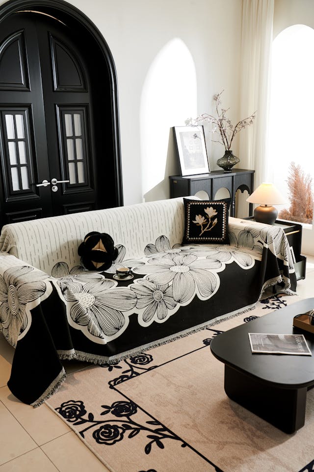 neutral greige living room with black accent decor