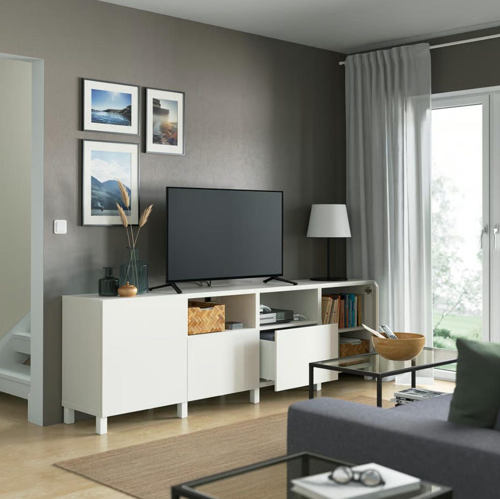 a white wooden tv stand with storage and drawers for large tv and media console