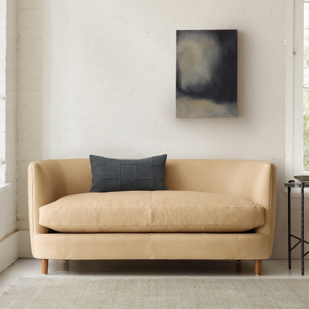 a small couch with cushion against a wall in a compact living room