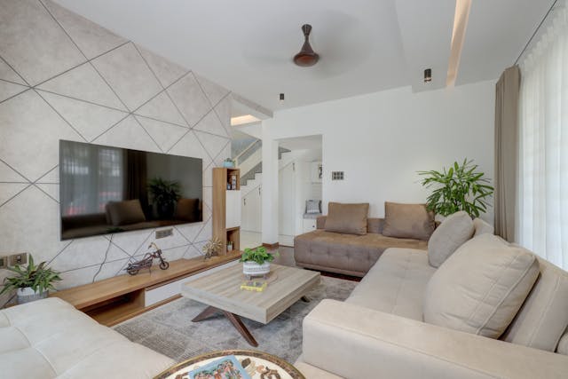 warm white and beige living room with natural wood furniture