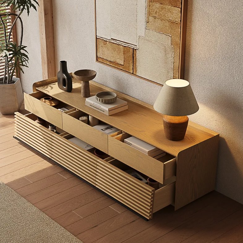 POVISON Ansel-71" Japandi Oak TV Stand with storage and drawers, capable for decorations and media player