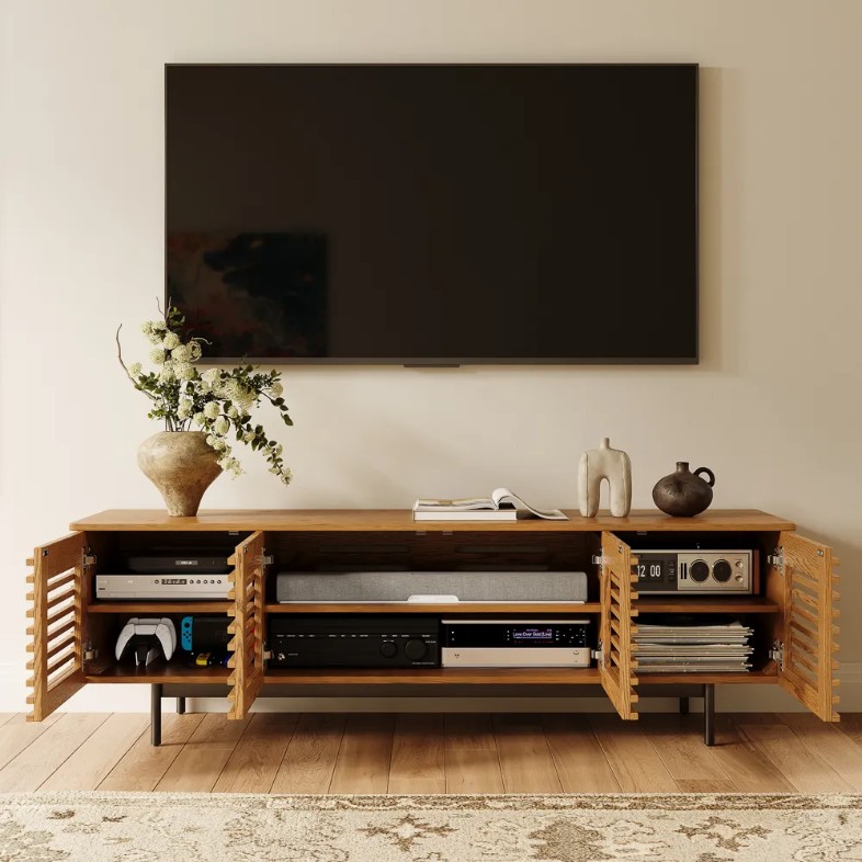 povison minimalism tv stand with storage, capable for media and soundbar, and 70 inch tv on the wall