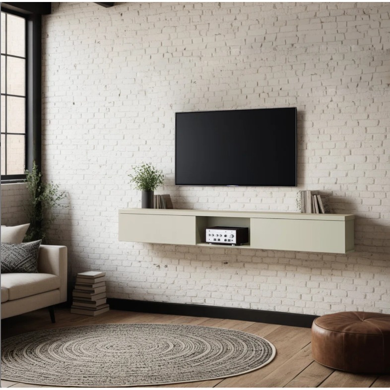 a minimalism media console with books and decorations on top and a tv above near a small sofa in a modern living room