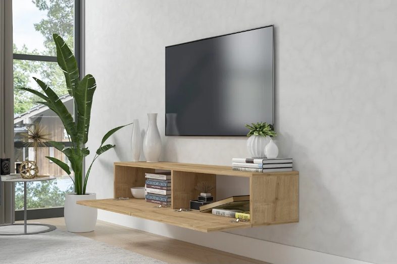a wood floating media console with storage and decorations on top for a tv in a modern living room