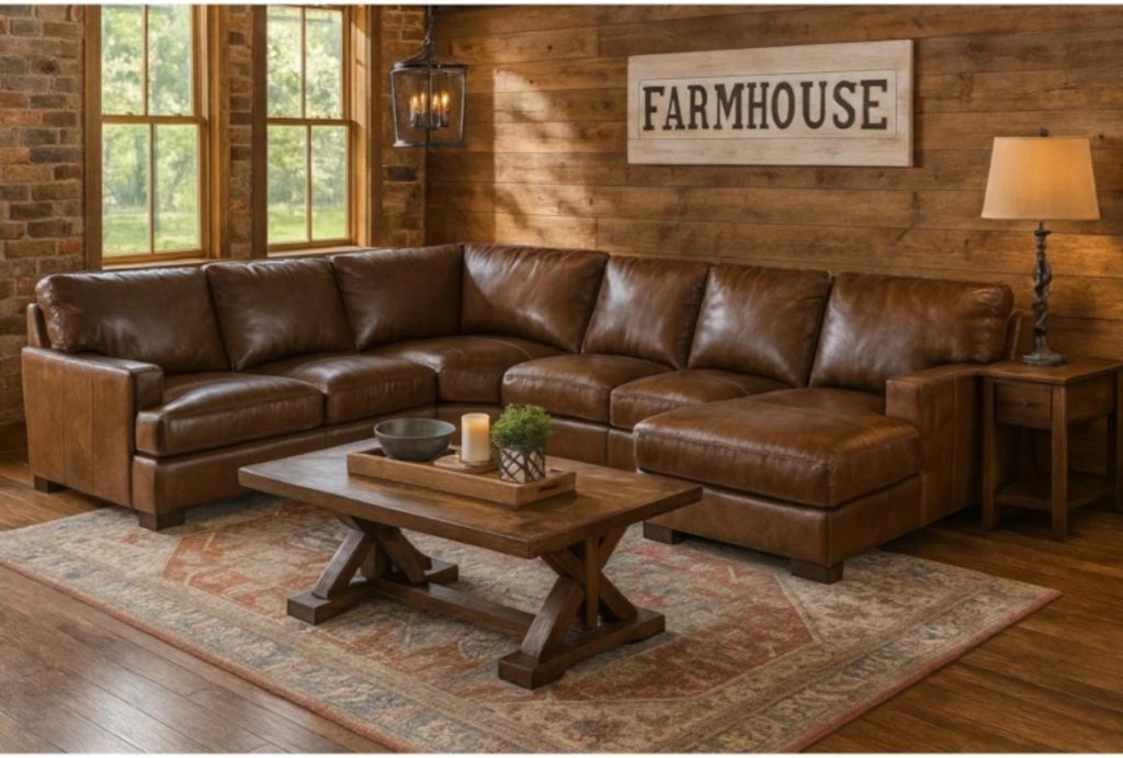 Brown leather L-shaped sectional sofa in a rustic farmhouse living room with wood walls and warm lighting