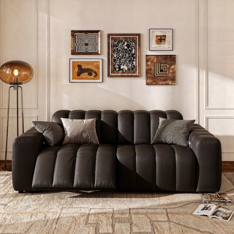 POVISON 88" Luxury Top-Grain Black Leather Dual Power Loveseat in a modern living room