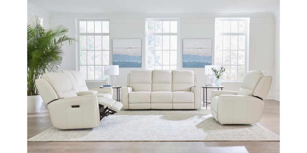 a white Leather Power Reclining Sofa  set in a bright and modern living room