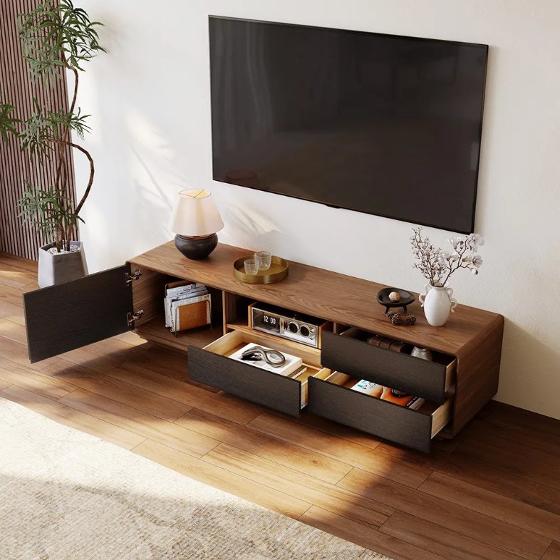 Povison Modern Wood Black TV Stand with storage and drawers for books, media players and stuff