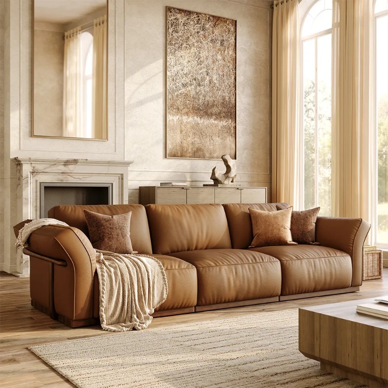 Povison Cronus-Brown Genuine Leather Three-Piece Cushion Modular Sofa with cushions in a bright and modern living room