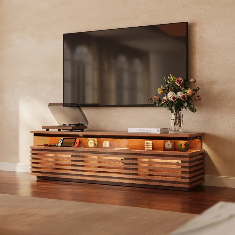 a wood tv stand with adjustable LED and storage for disk player and media, with multiple functions for compact studio apartments