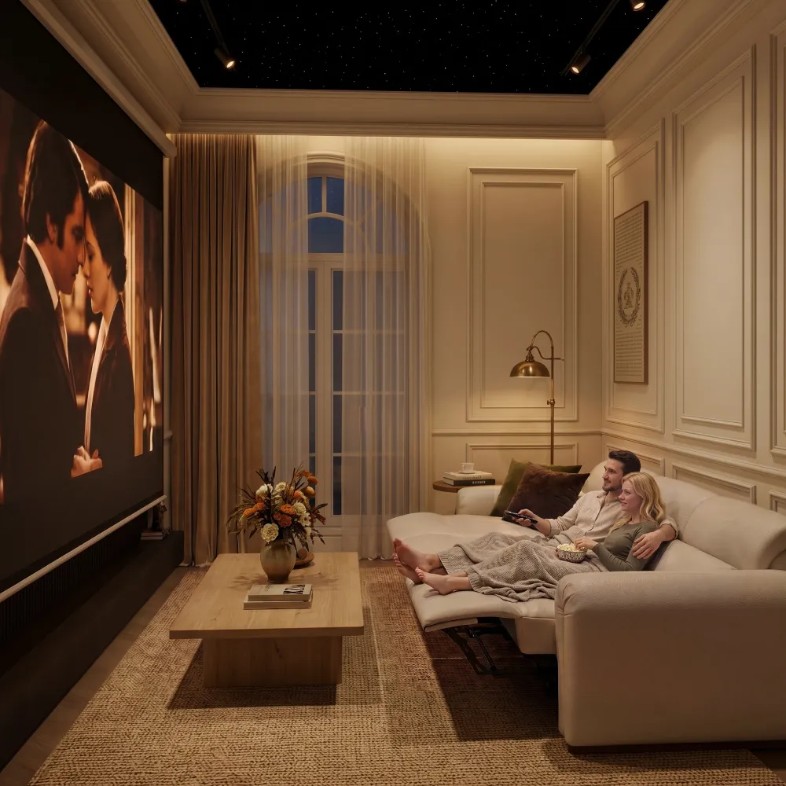 a couple reclining on a leather power sofa at night enjoying watching movie in the cozy and relaxing living room