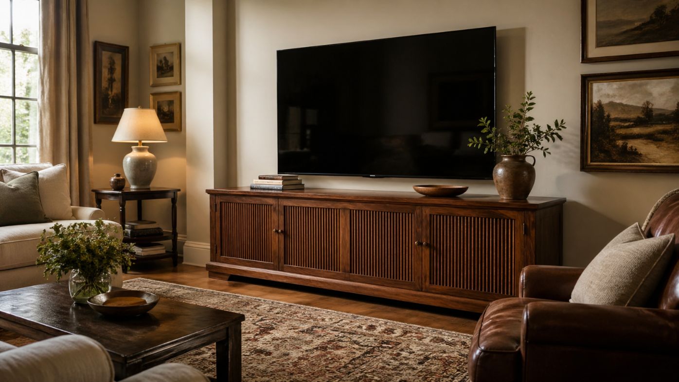 a warm and cozy living room with a large tv, a brown tv stand with storage, a rectangular wood coffee table and a sofa
