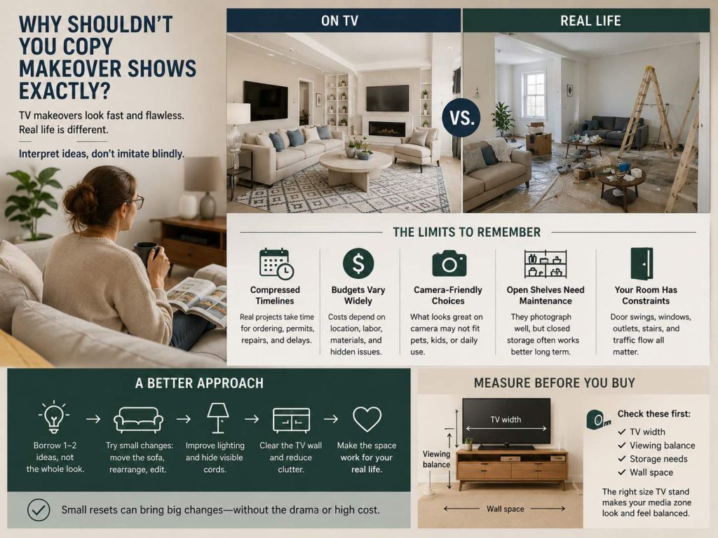 The comparison between TV makeover scenes and real renovation limits, showing budget, timeline, maintenance, room constraints, and practical measuring before buying furniture.