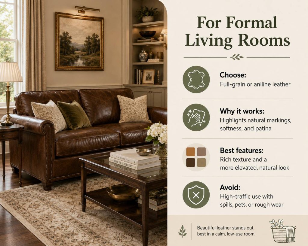leather-choosing for formal living rooms: choose the right leather type, color for a specific reason and note
