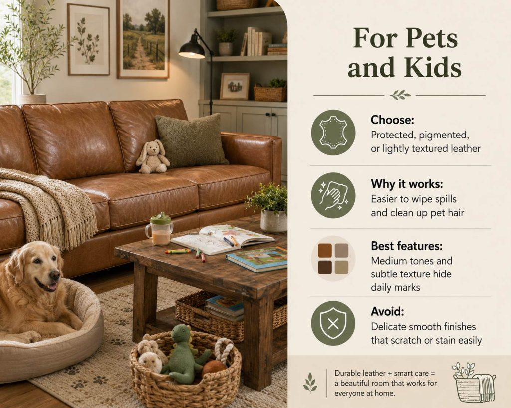 leather-choosing for families with pets and kids: choose the right leather, colors with reasons and notes