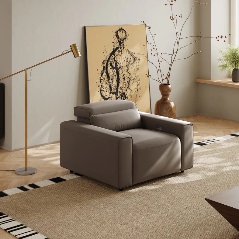 POVISON Benjamin Power Recliner near a painting, a vast, a floor lamp and a window in a bright and minimalism living room