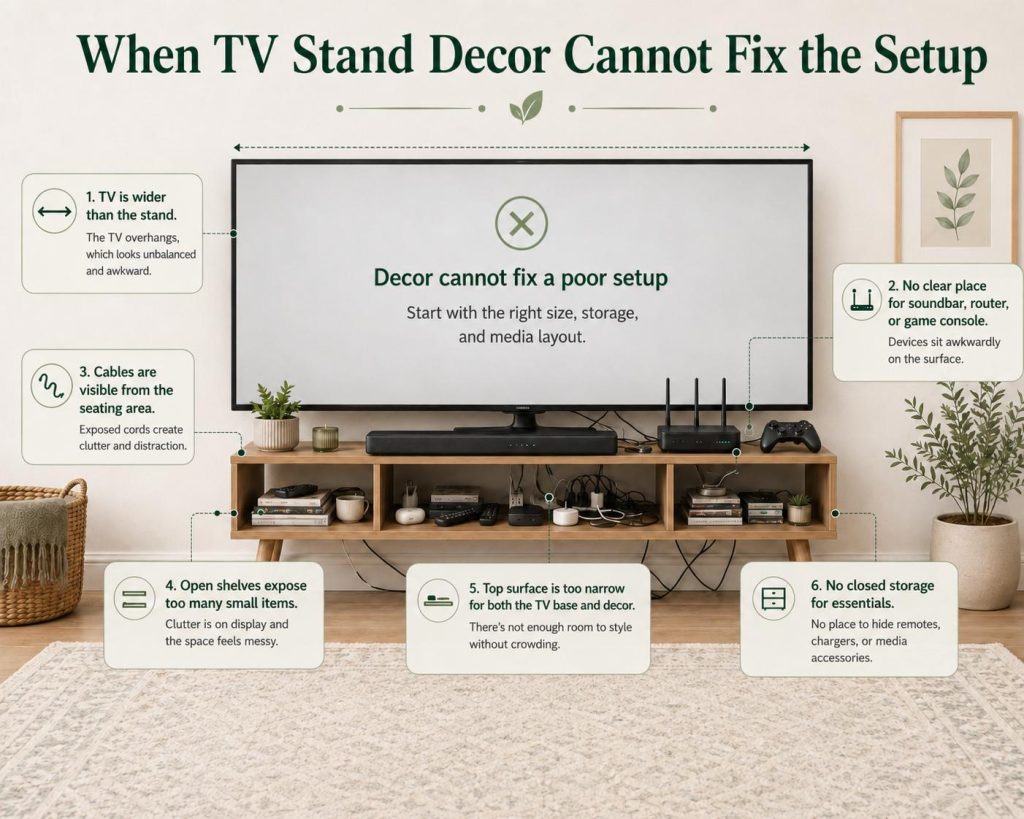 some situations that tv stand decor cannot fix the setup: tv is wider than the stand, no clear place for soundbar, router, or game console, cables are visible from the seating area, open shelves expose too many small items, top surface is too narrow for both the tv base and decor, and no closed storage for essentials