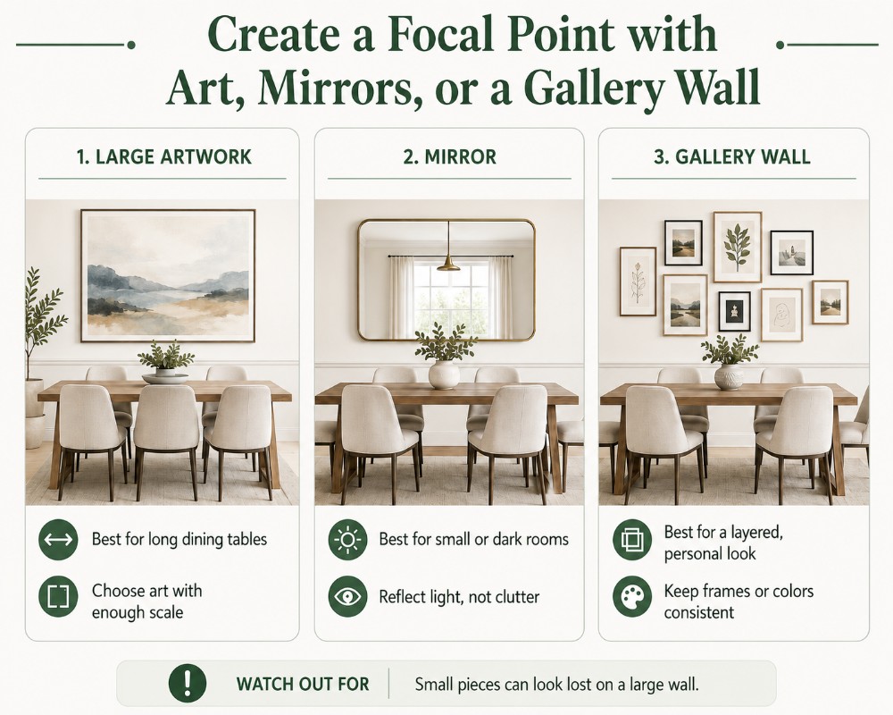 Best Dining Room Wall Decor Ideas to Try: create a focal point with art, mirrors, or a gallery wall