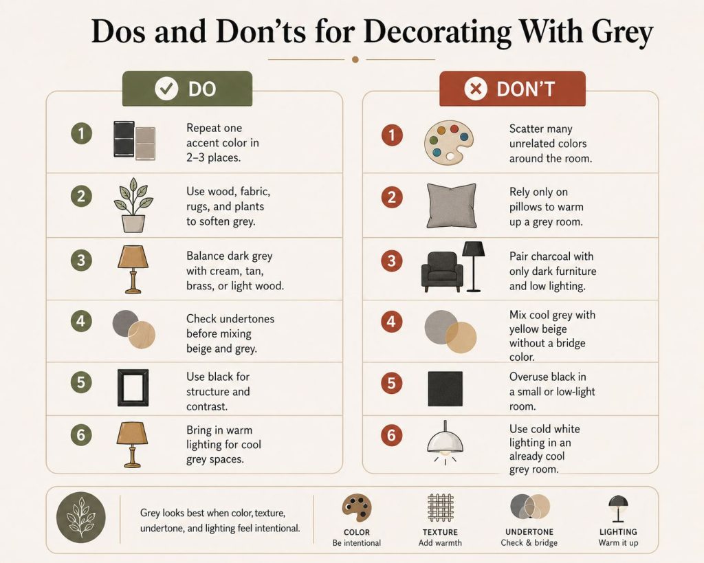 Dos and Don’ts for Decorating With Grey. grey looks best when color, texture, undertone, and lighting feel intentional
